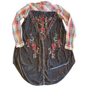 Kyla Seo Velvet Button Down Tunic Dress Plaid Floral Embroidery Hi-Low Hem S